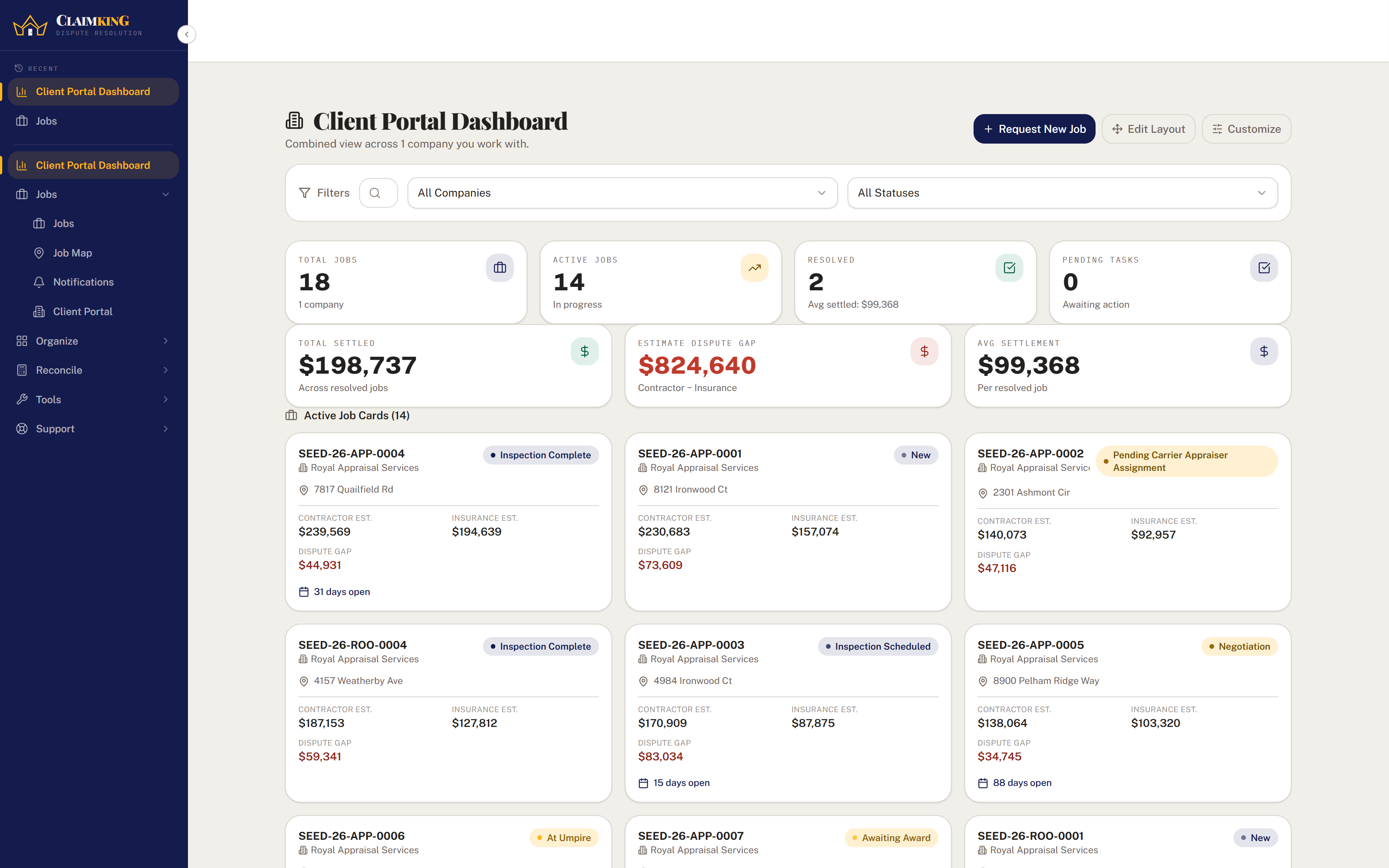 The contractor portal dashboard, showing only that contractor's jobs