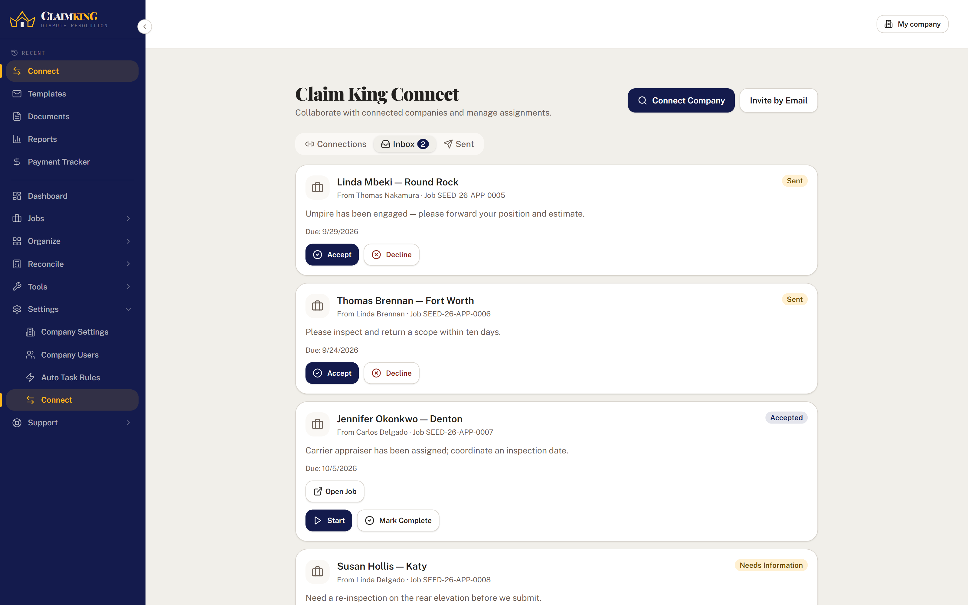 The Connect inbox, with assignments from other firms to accept, decline, start or complete