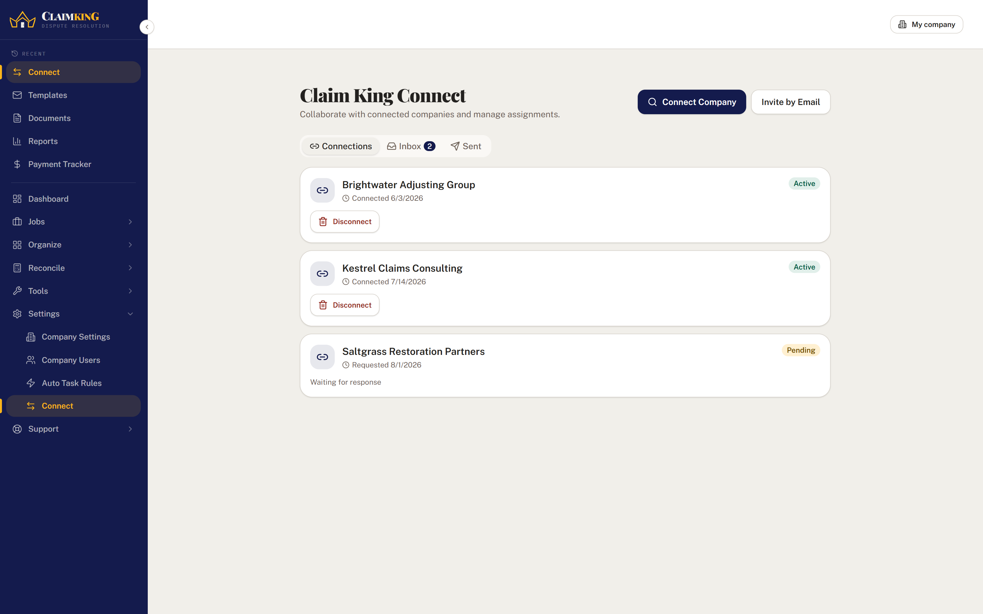 Claim King Connect, showing the companies you are connected with