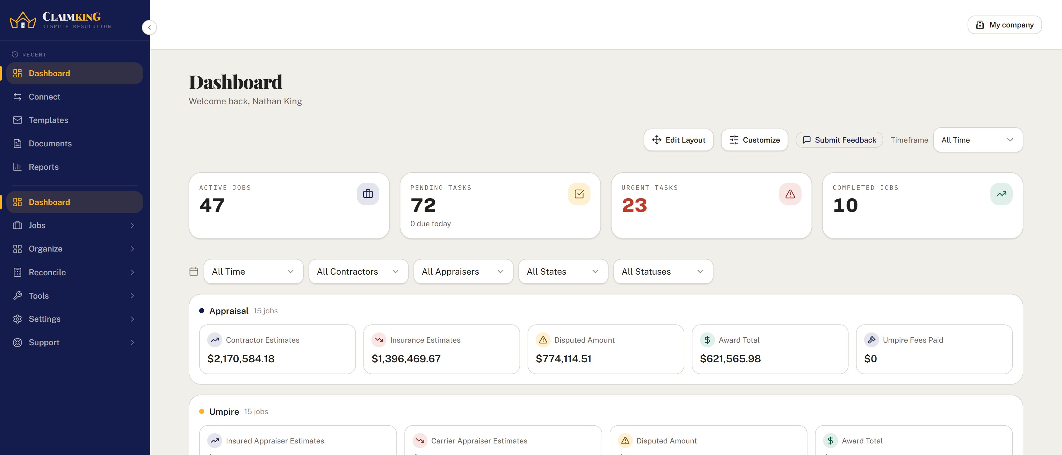 The Claim King dashboard: active claims, tasks due and role-based financial summaries
