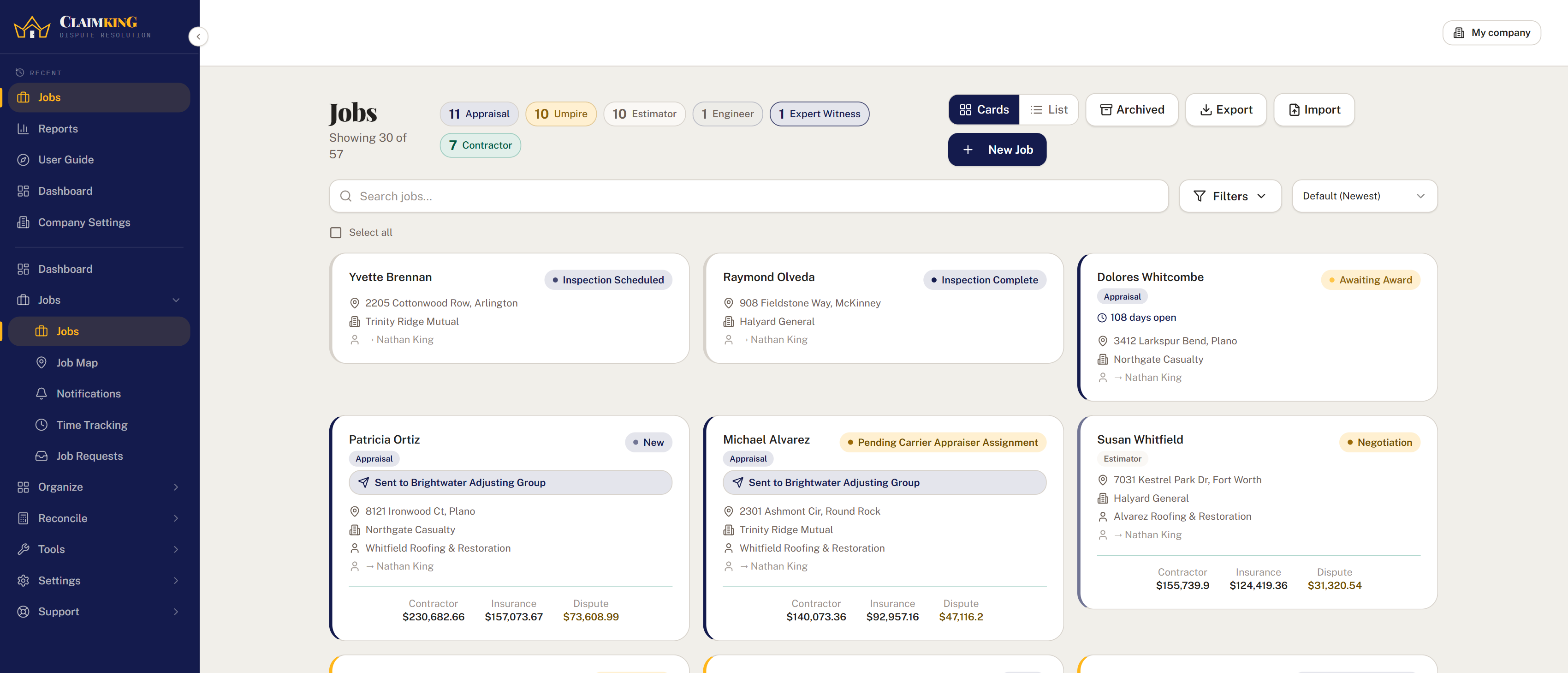 The claims grid, with role tiles and every file's status and figures