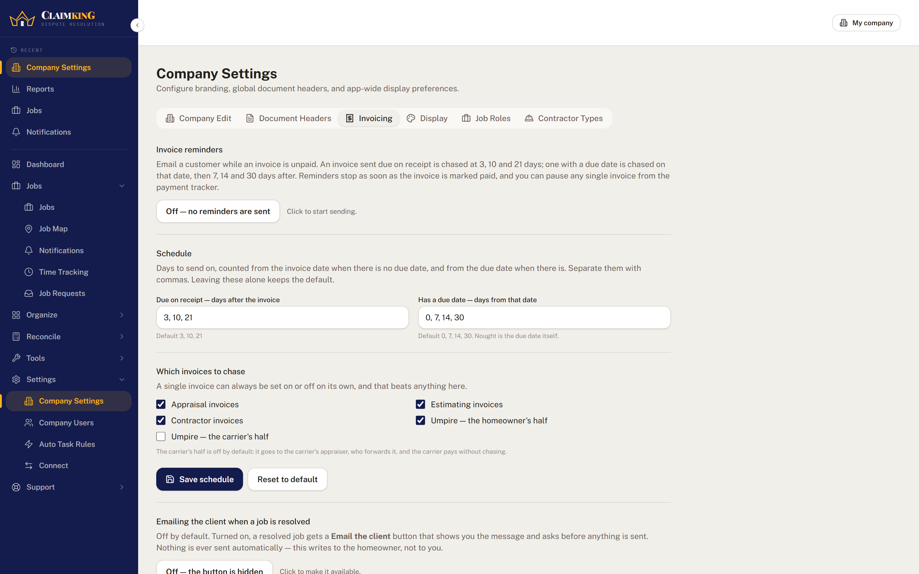 Invoice reminder settings, with the homeowner's half of an umpire fee chased and the carrier's half left off by default