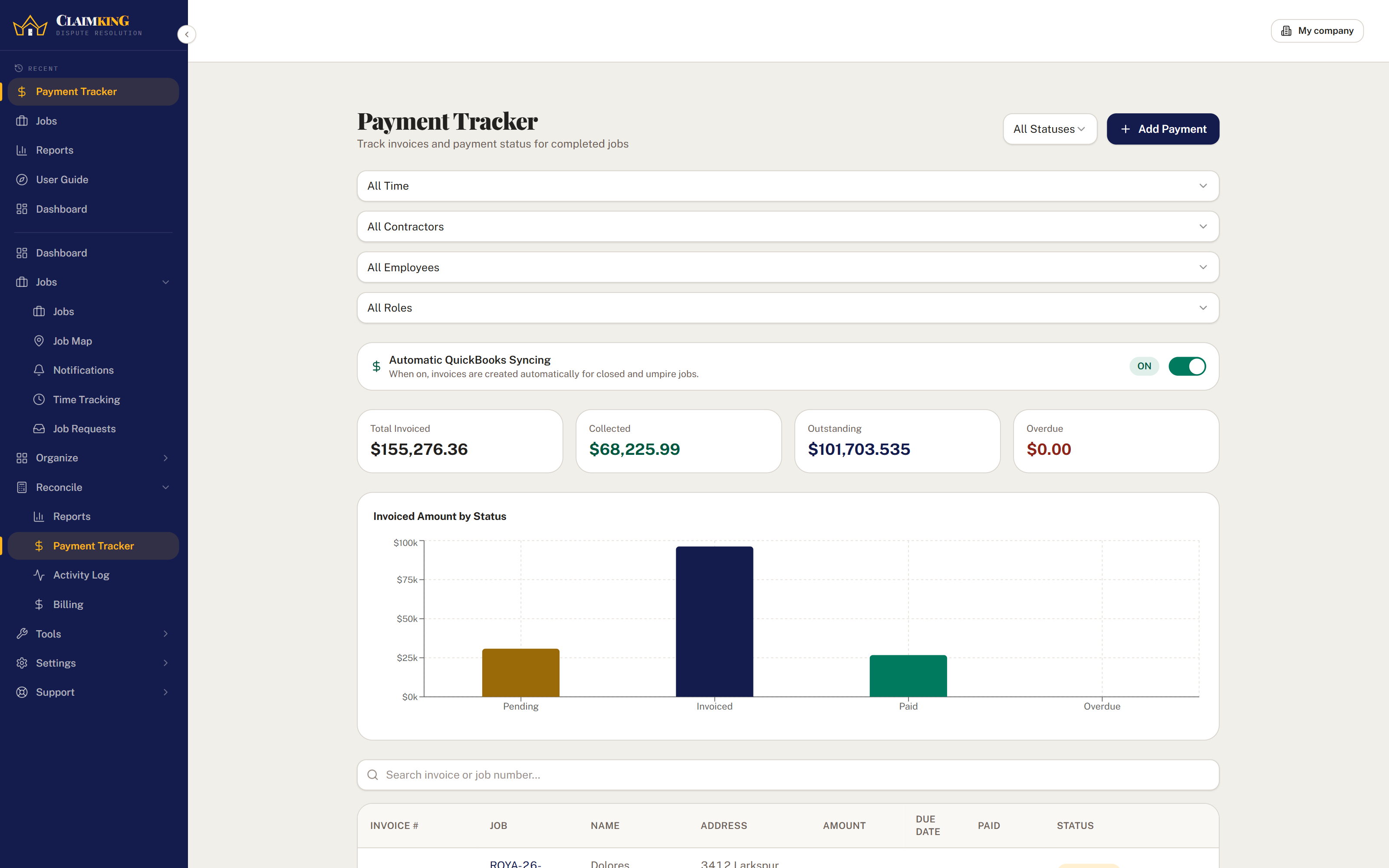 The payment tracker with invoiced, collected and outstanding totals across every job